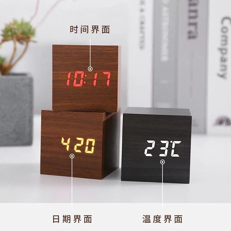 Digital Clock LED Wooden Alarm Clock Table Sound Control Electronic Clocks Desktop USB/AAA Powered Decoration Home Table Decor