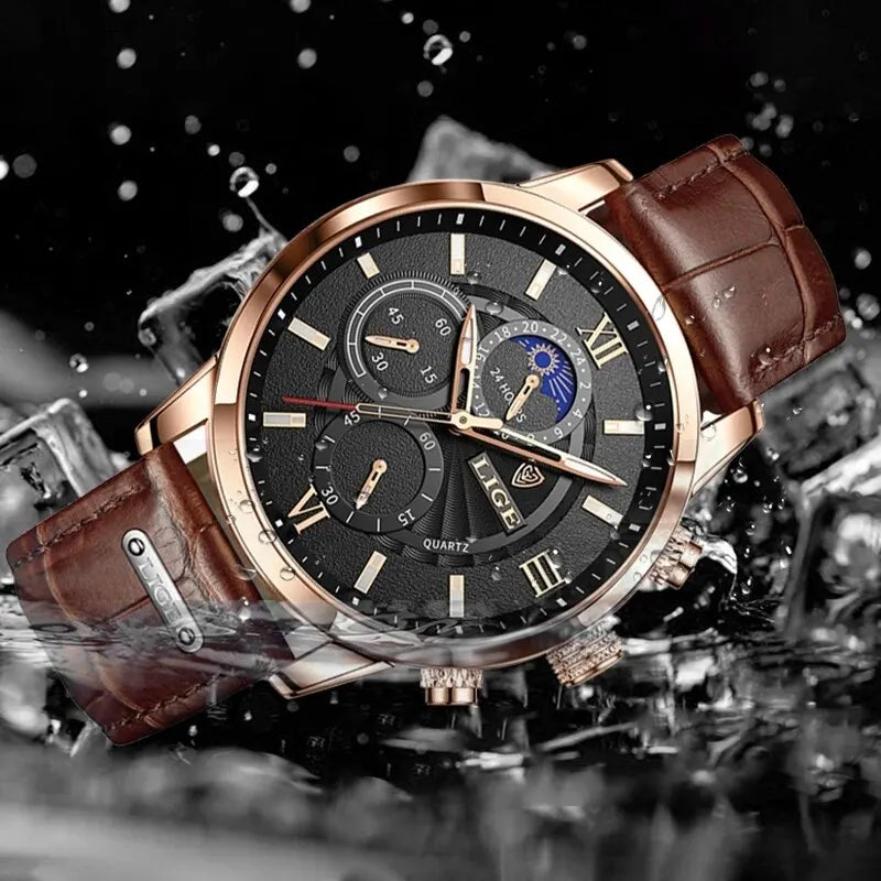 2024 New Mens Watches Top Brand Luxury Brown Leather Casual Quartz Watch Men Sport Waterproof Clock Watch Relogio Masculino