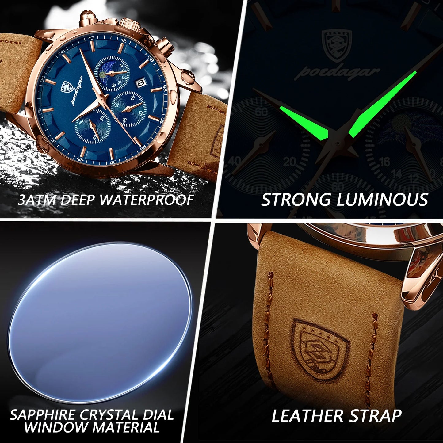 Men Quartz Watch Luxury Sports Waterproof Chronograph Luminous Date Man Wristwatch Business Leather Men'S Watches Clock
