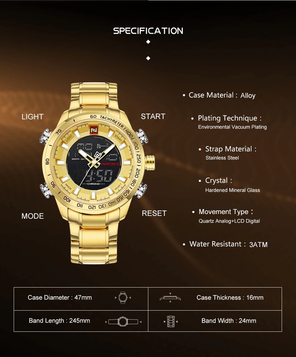 Luxury Brand Mens Sport Watch Gold Quartz Led Clock Men Waterproof Wrist Watch Male Military Watches Relogio Masculino