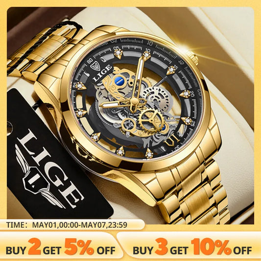 New Men Watch Skeleton Quartz Wristwatch Gold Skeleton Retro Man Watch Top Brand Luxury Clock Mens Watches Reloj Hombre