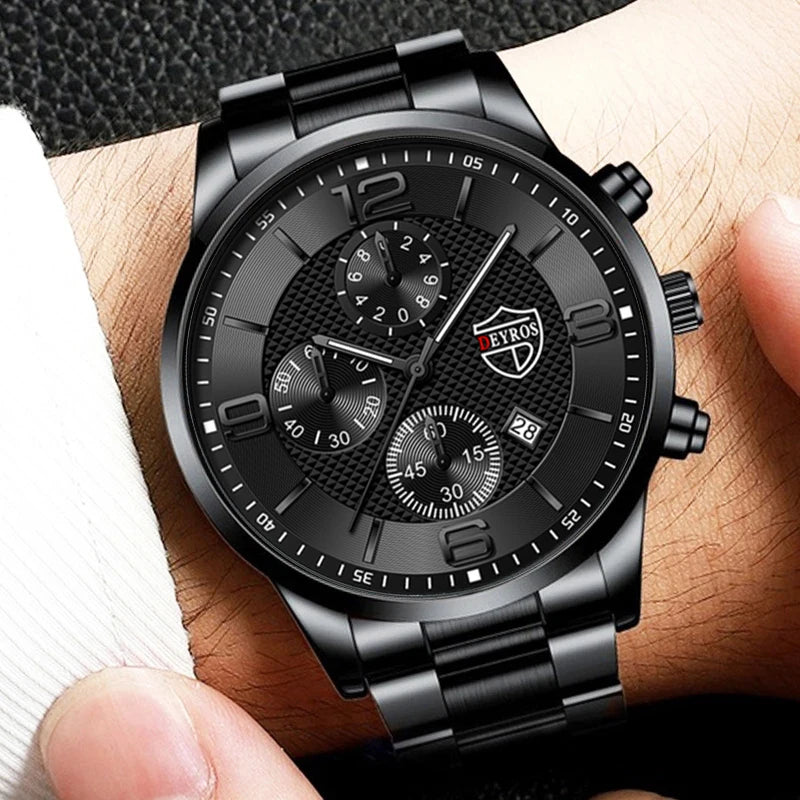 2023 Fashion Mens Watches Luxury Stainless Steel Quartz Wristwatch Calendar Men Business Casual Leather Watch Luminous Clock