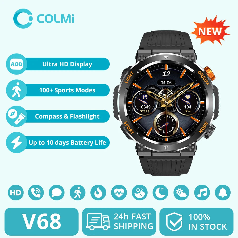 [2024]  V68 1.46'' HD Display Smartwatch 100 Sports Modes Compass Flashlight Men Military Grade Toughness Smart Watch