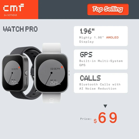 Global Version  Watch Pro 1.96" AMOLED Bluetooth 5.3 BT Calls with AI Noise Reduction GPS Smartwatch CMF Watch Pro