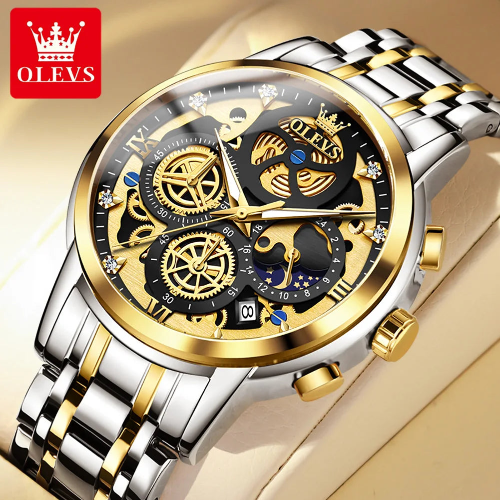 Men'S Watches Top Brand Luxury Original Waterproof Quartz Watch for Man Gold Skeleton Style 24 Hour Day Night New