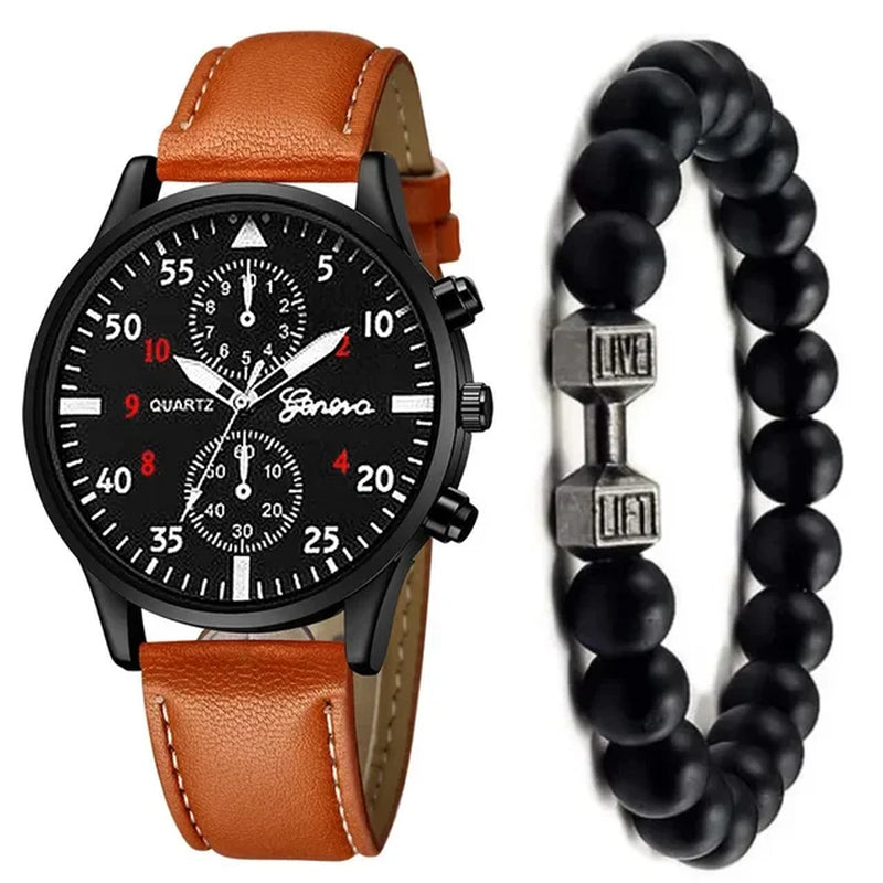 4/2/1Pcs Men Sports Watches Set Man Business Quartz Wristwatch Luxury Brown Leather Bracelet Men Casual Clock Watch（No Box）