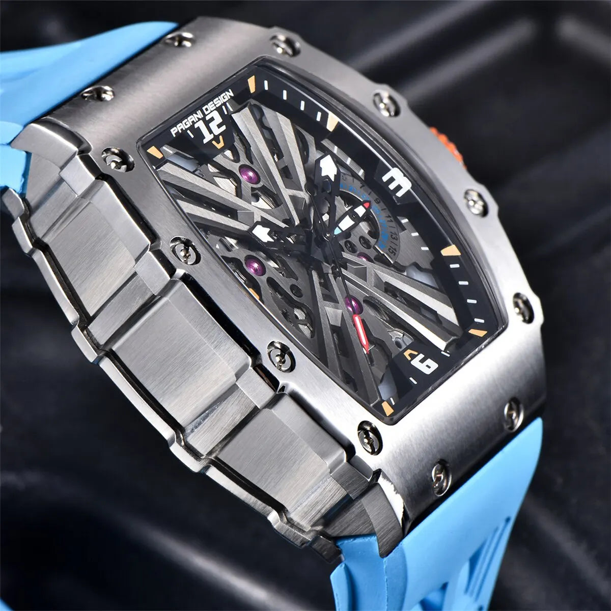 2024 New  Men'S Quartz Watches VH65 Movt Skeleton Dial 100M Waterproof Sport Rectangle Sapphire Glass Watch for Men