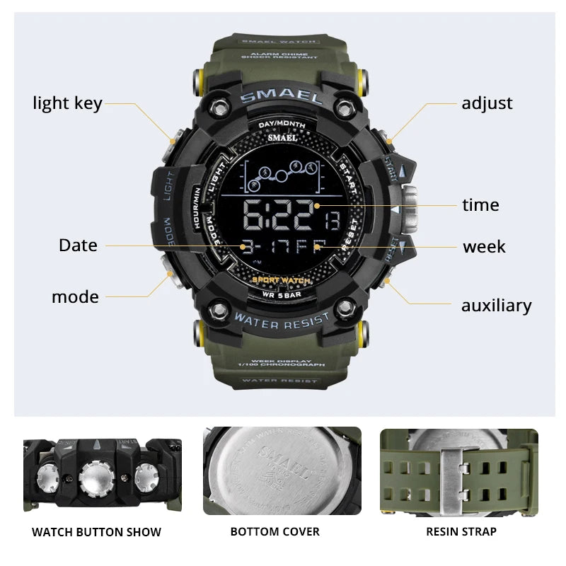 Mens Watch Military Water Resistant Sport Watches Army Big Dial Led Digital Wristwatches Stopwatches for Male 1802 Clock