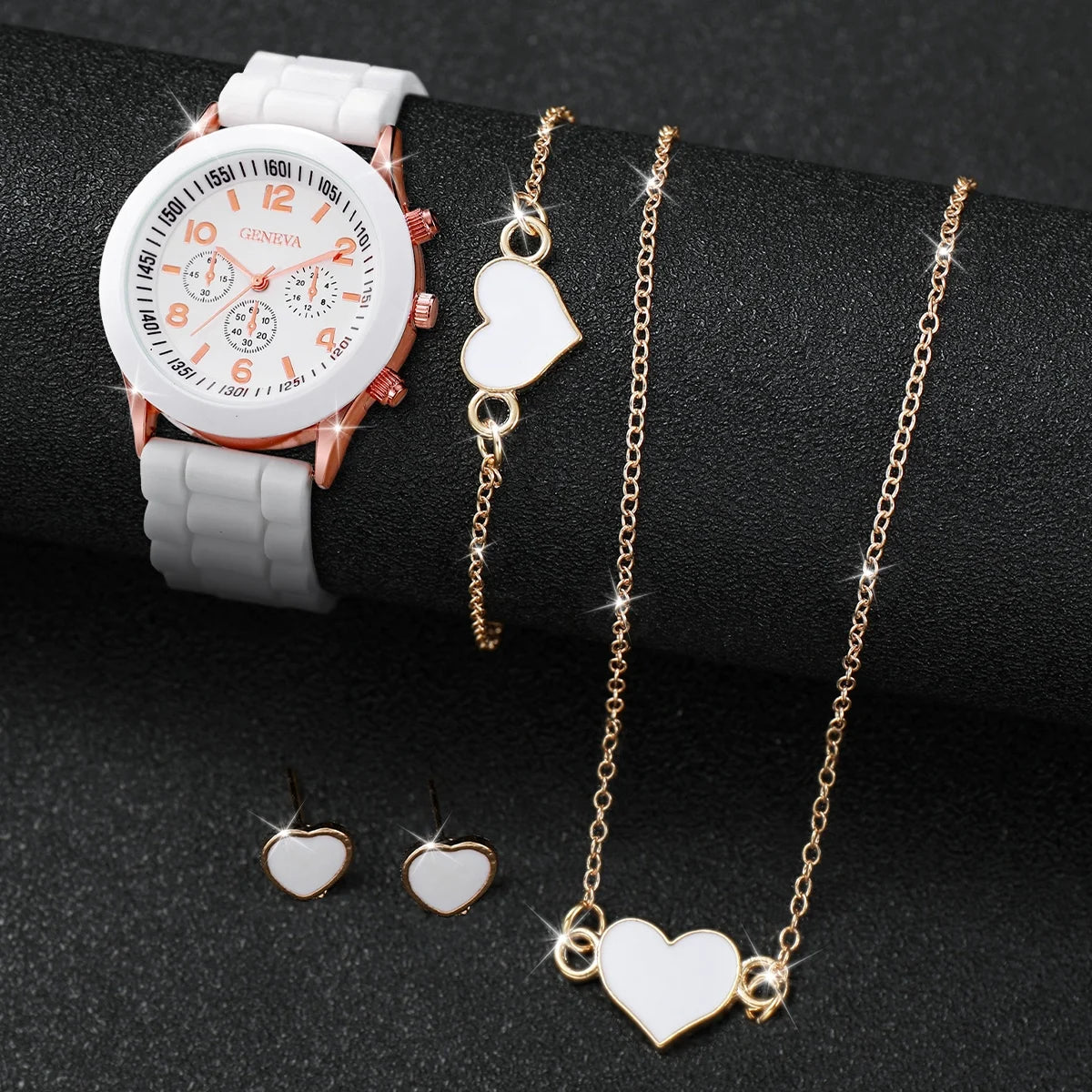 4Pcs/Set Geneva Watch Fashion Silicone Band Women Watches Heart Jewelry Set ( without Box ）