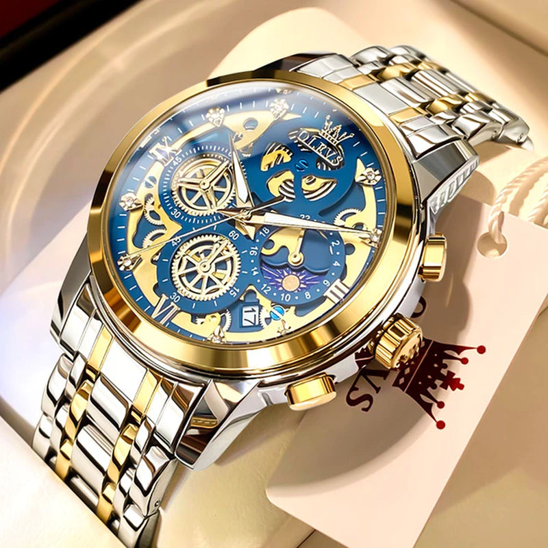 Men'S Watches Top Brand Luxury Original Waterproof Quartz Watch for Man Gold Skeleton Style 24 Hour Day Night New