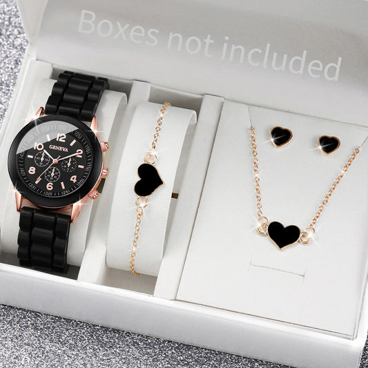 4Pcs/Set Geneva Watch Fashion Silicone Band Women Watches Heart Jewelry Set ( without Box ）