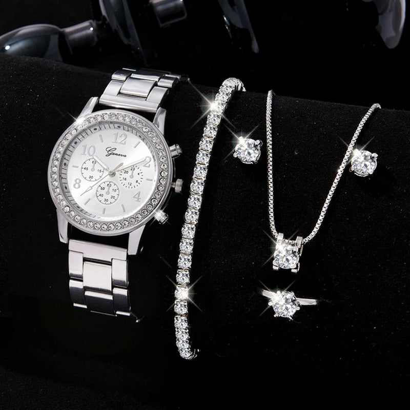 6PCS Set Luxury Watch Women Ring Necklace Earrings Rhinestone Fashion Wristwatch Female Casual Ladies Watches Bracelet Set Clock