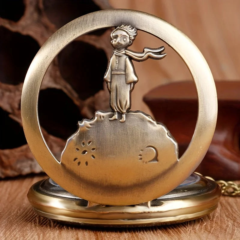 Vintage Bronze Hollow Design Little Prince Necklace Pendant Pocket Watch