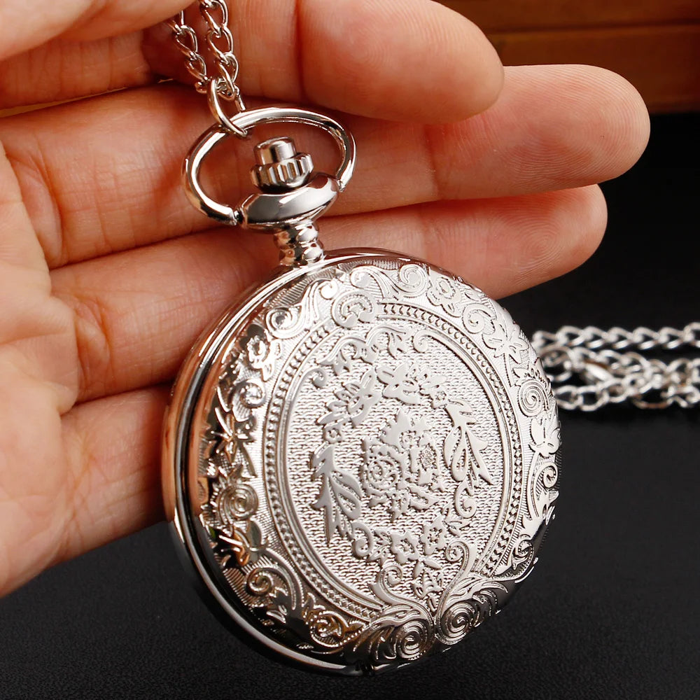 Luxury Silver Quartz Pocket Watch Fashion Necklace Pendant Chain Jewelry Gift Steampunk Clock for Men Women